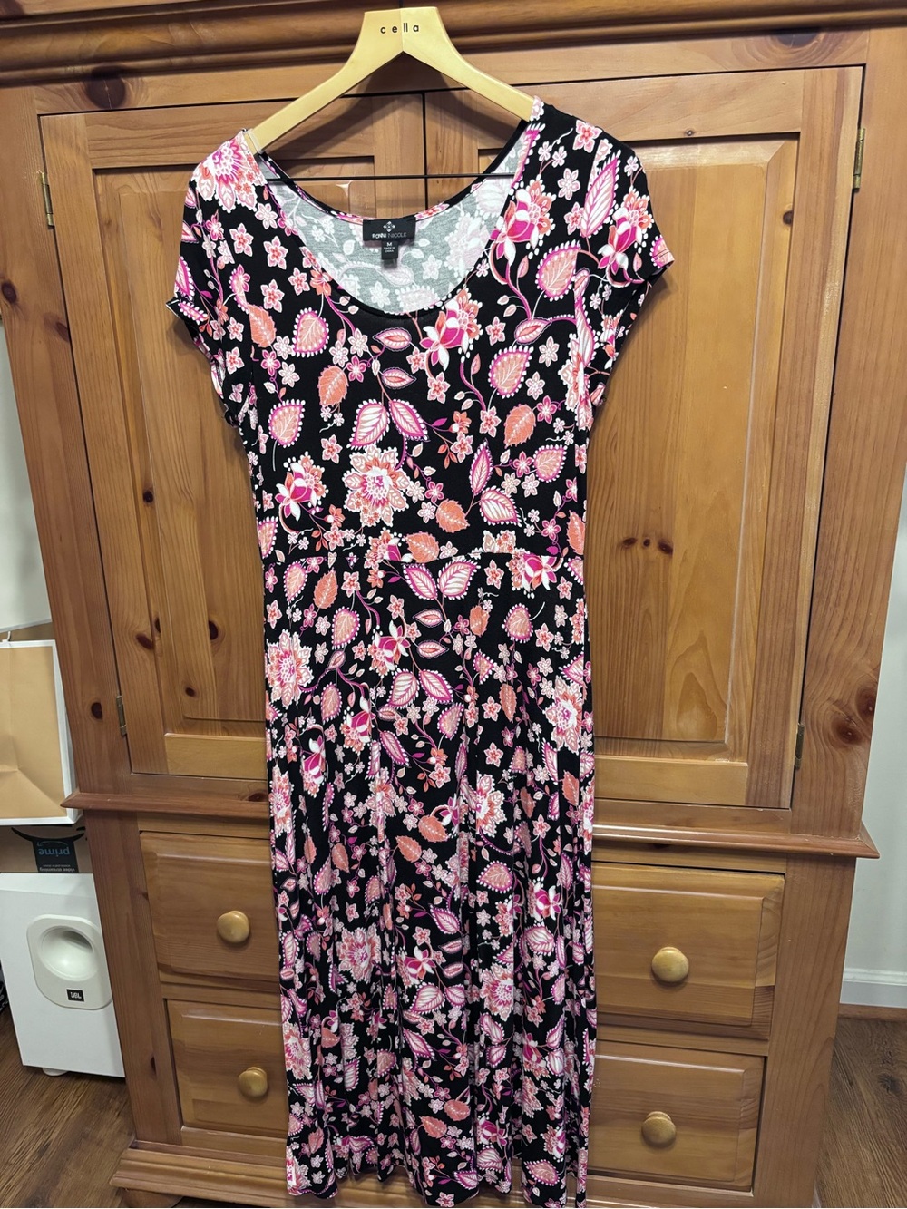 Ronni Nicole Black Maxi Dress with Pink Floral Print